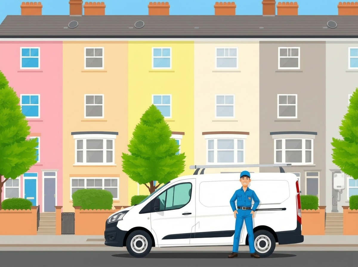 John The Plumb Ltd van and plumber outside a row of houses