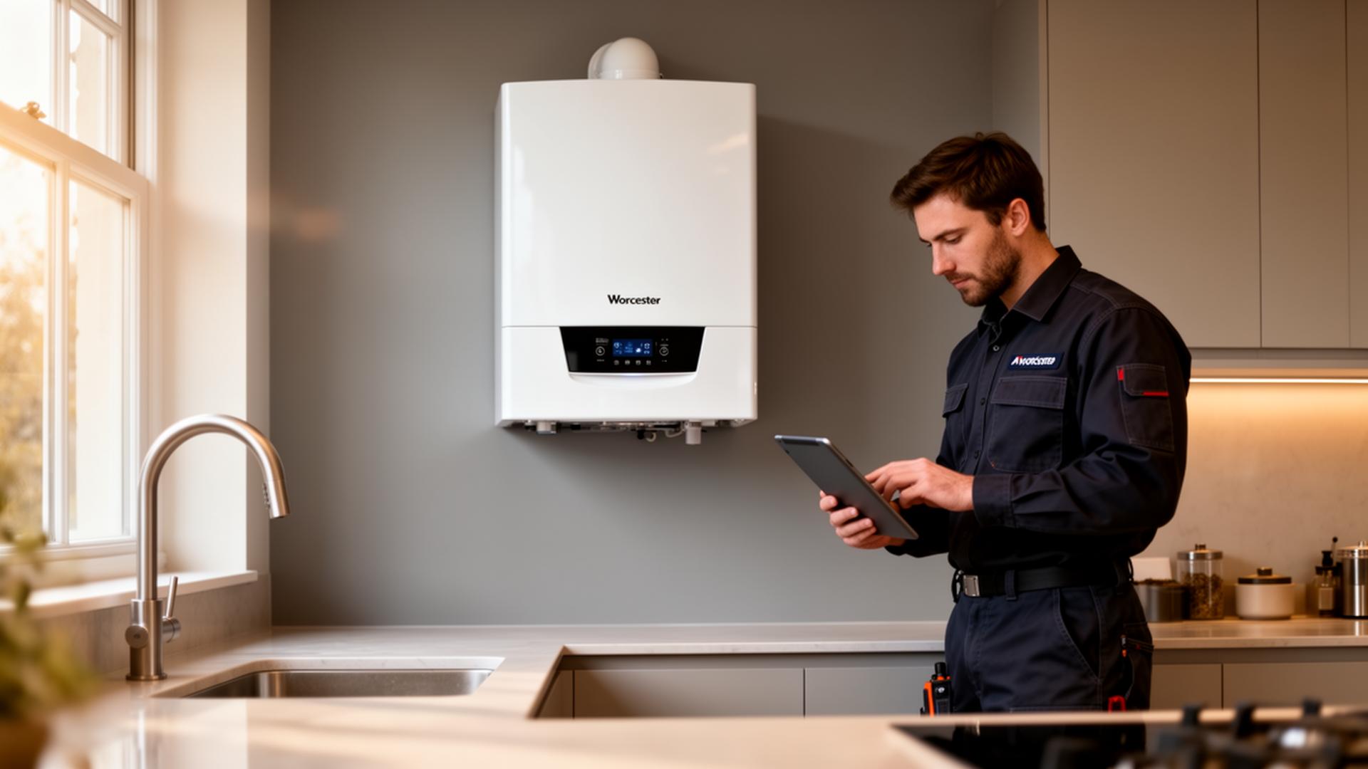 Homeowner and engineer reviewing a boiler and heating controls
